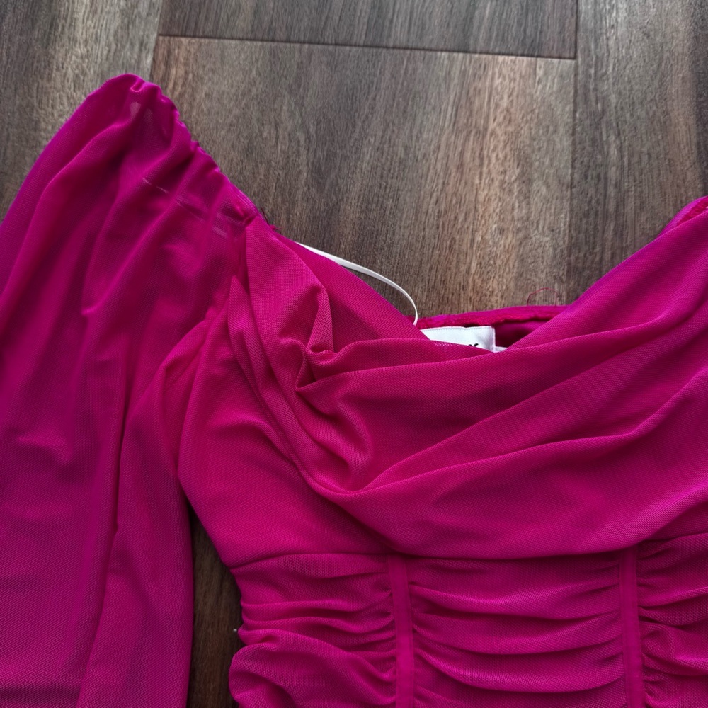 Princess Polly Hot Pink Ruched Mesh Long Flowy Sleeve Bodycon Dress Feminine - Picture 6 of 9
